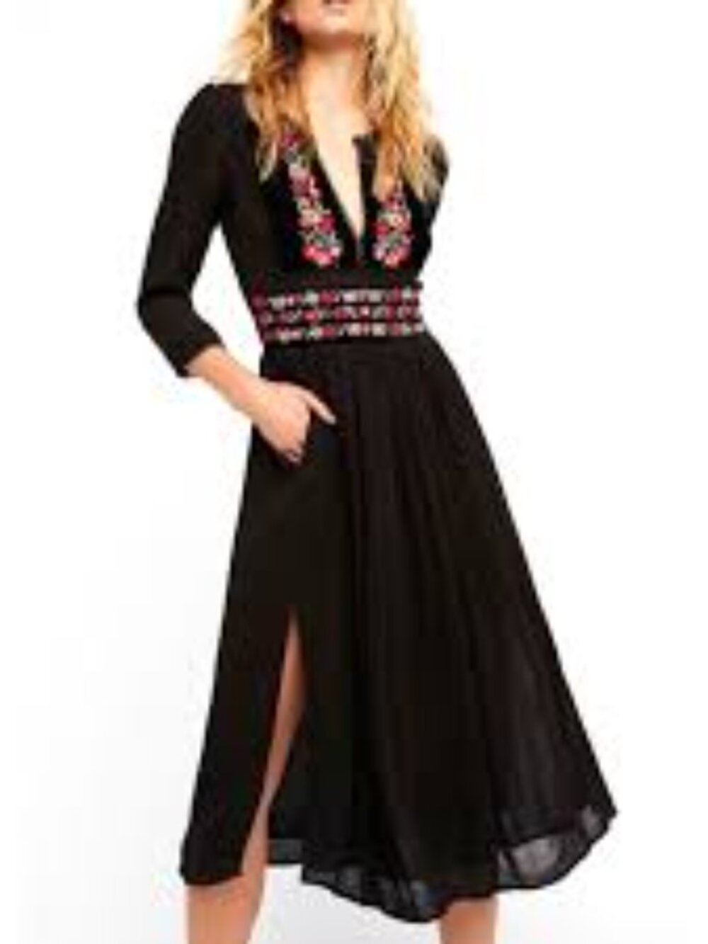 Free People Black Maxi Dress with Colorful Floral Embroidery EUC Size Large